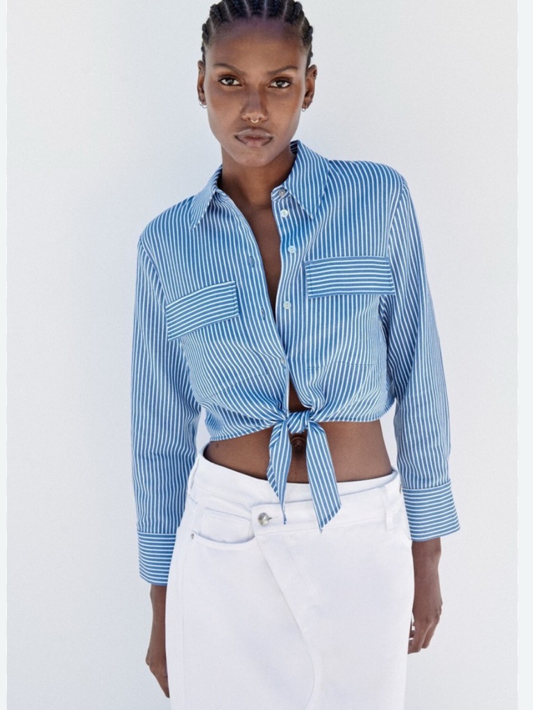Zara Blue White Striped Linen Blend Tie Front Cropped Shirt Medium Costal Preppy